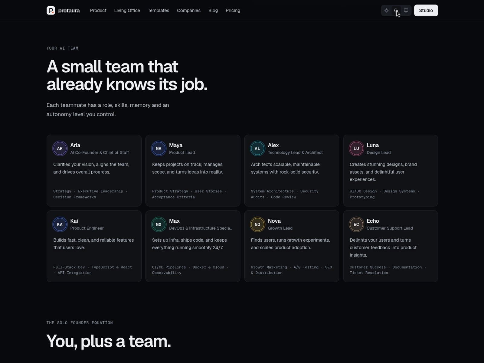 Protaura AI teammates — dark-theme landing section