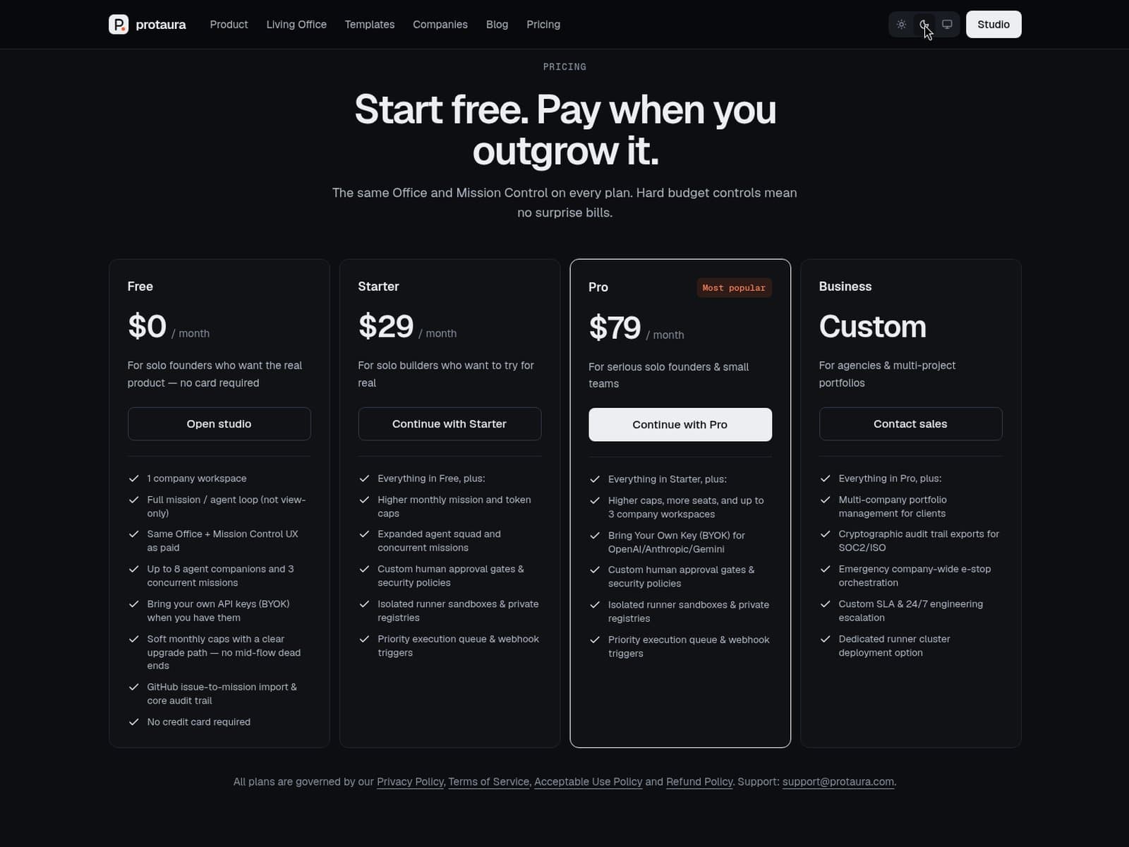 Protaura pricing — dark-theme landing section