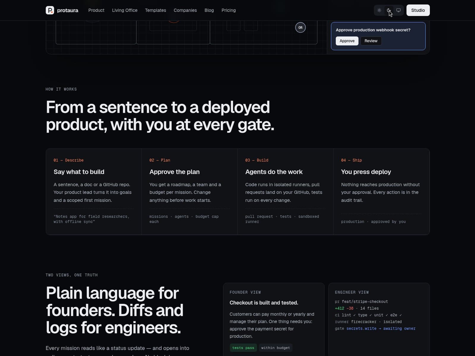 Protaura how-it-works steps — dark-theme landing section