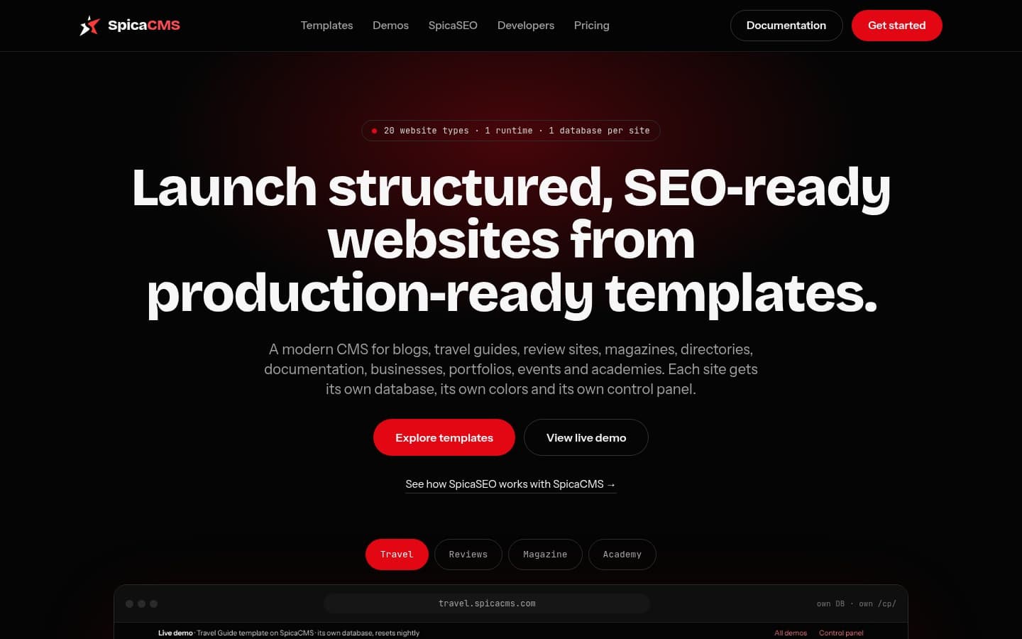 Screenshot of the SpicaCMS website