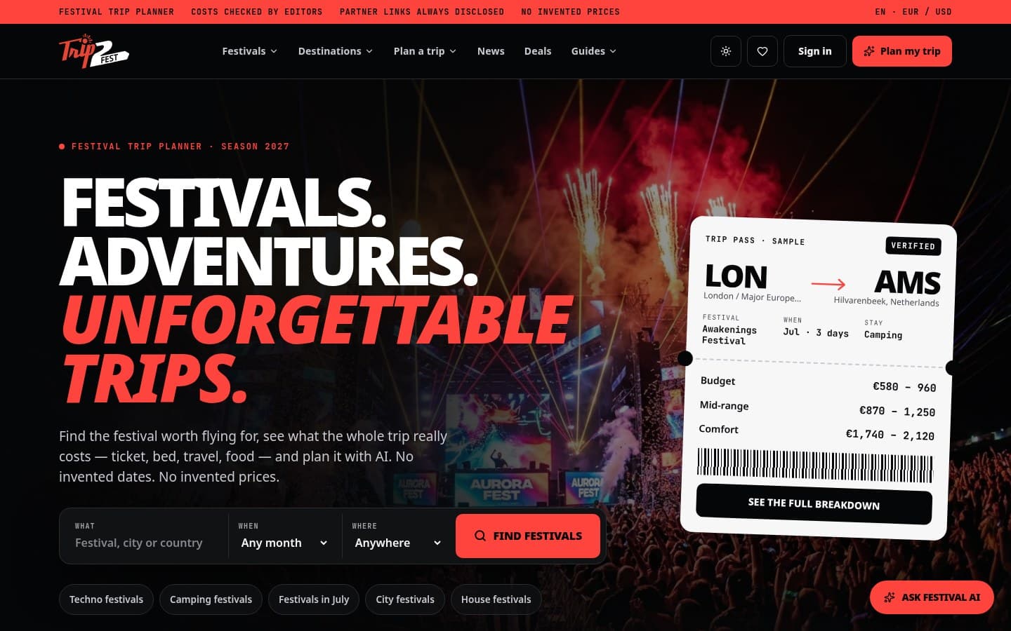 Screenshot of the Trip2Fest website