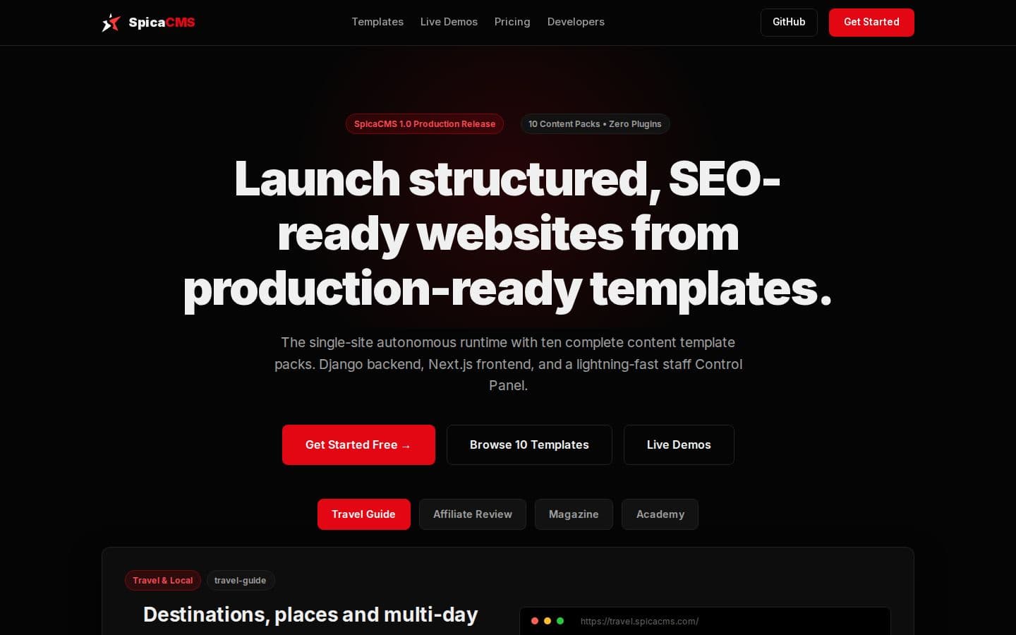 Screenshot of the SpicaCMS website
